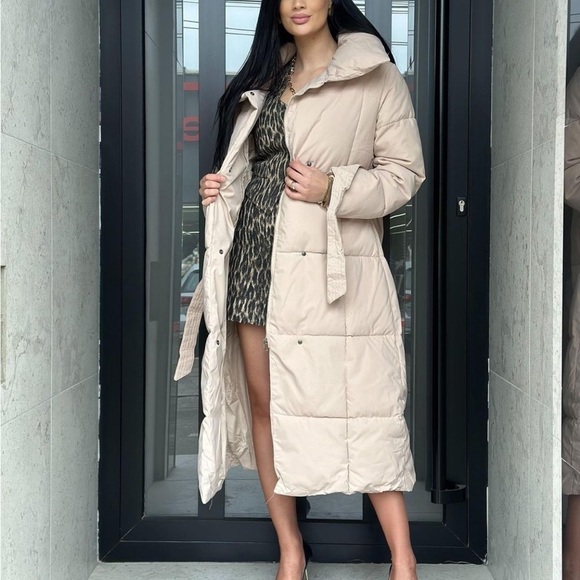 MANGO Ivory Midi Puffer Winter Coat Blanket Wrap around with Belt and Ho… - Picture 3 of 15